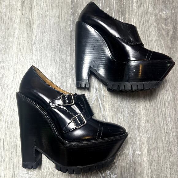 Burberry Black Prorsum Leather Monk Double Buckle Platform Wedge - Picture 5 of 12